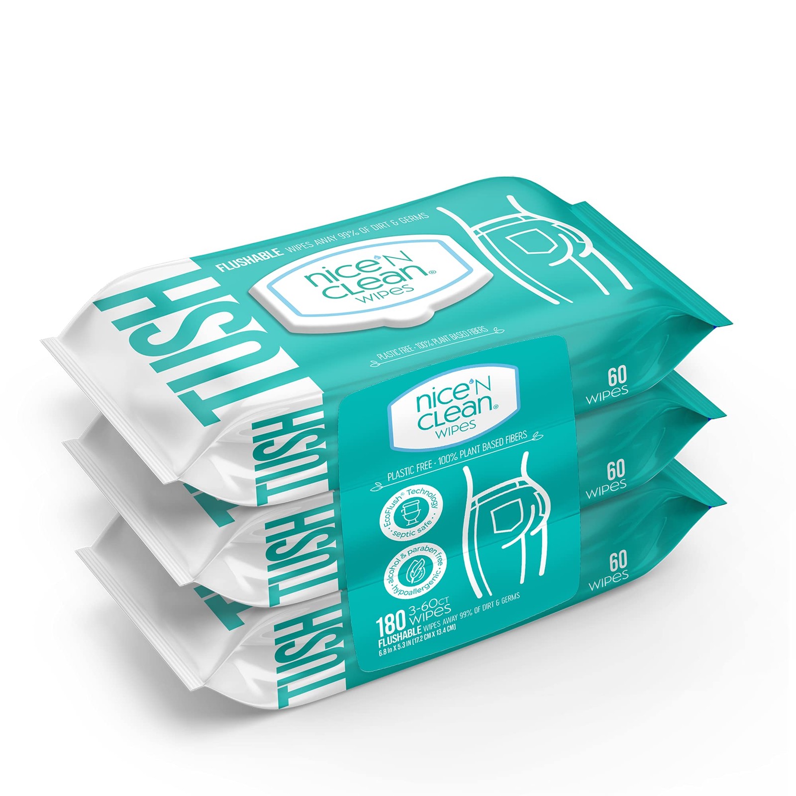 Nice ‘N Clean Adult Flushable Wipes (3 x 60 Count) | Personal Cleansing Wipes Ma