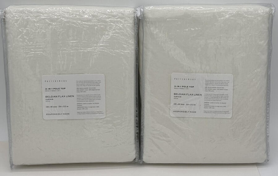 Pottery Barn Belgian Flax Linen Drape Curtain (2) 100 x 84 ~ Classic Ivory