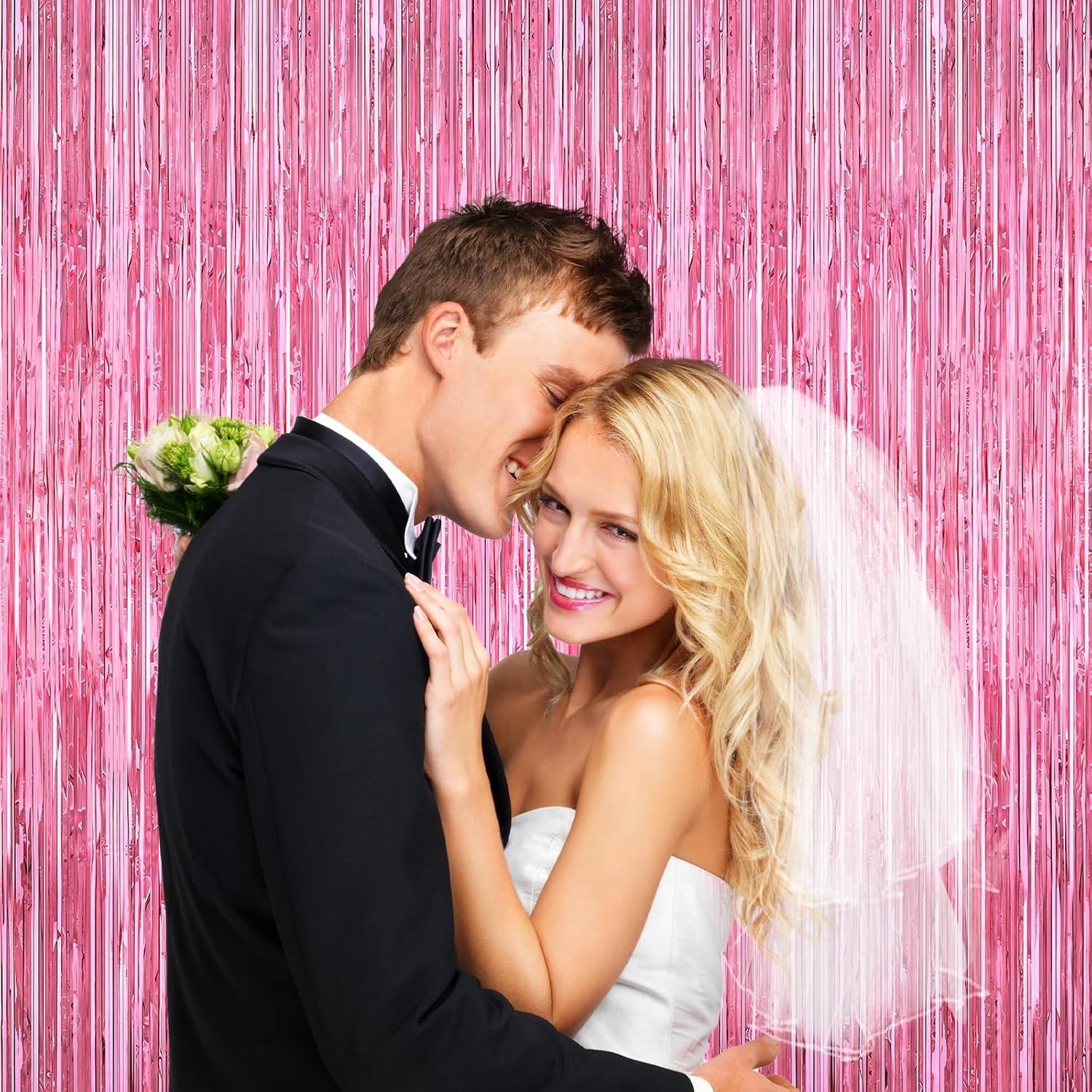 Pink Foil Fringe Curtain Backdrop, 2 Pack, 3.3ft x 6.6ft, Door Streamers