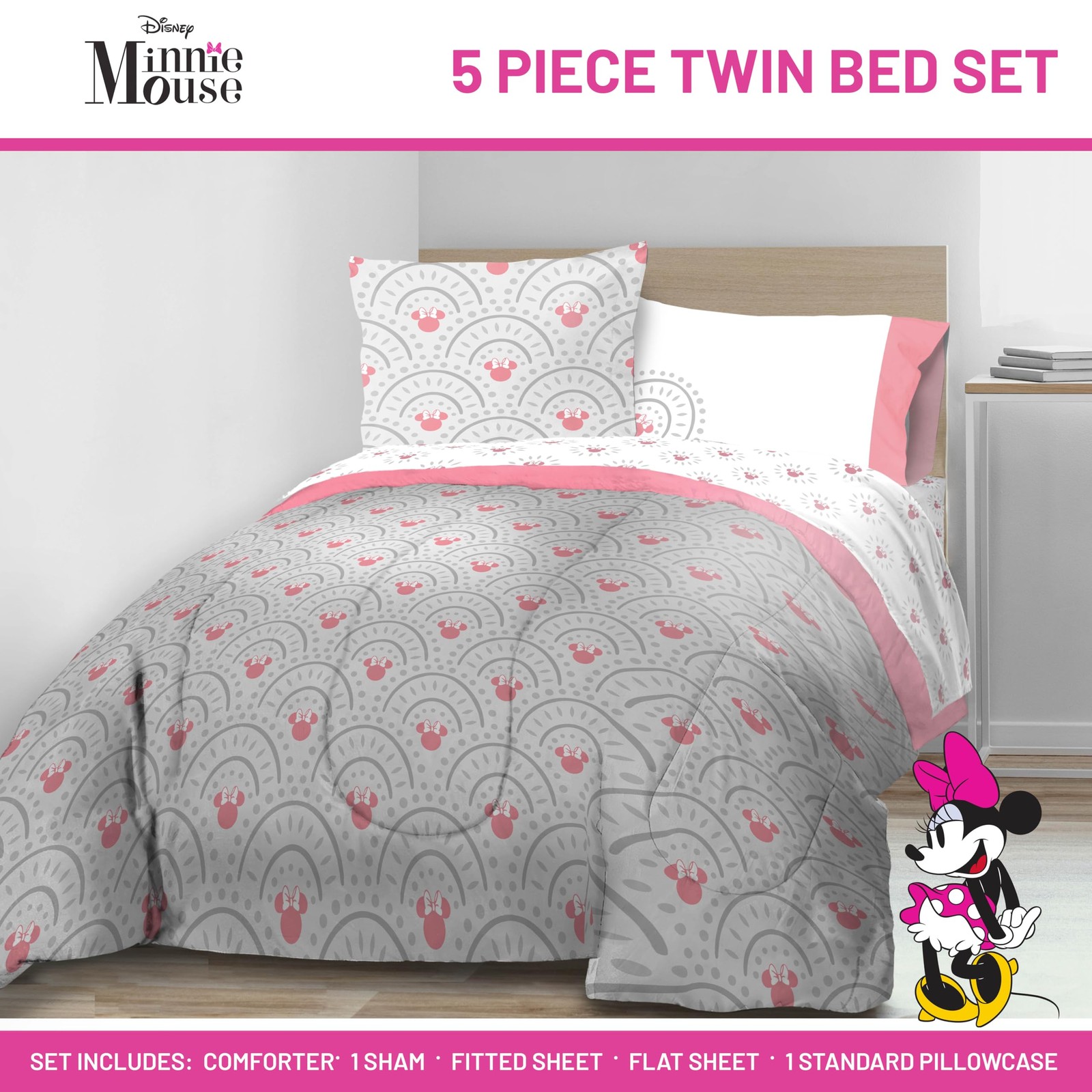Disney Minnie Mouse Twin Comforter Set – 5 Piece Twin, Grey –