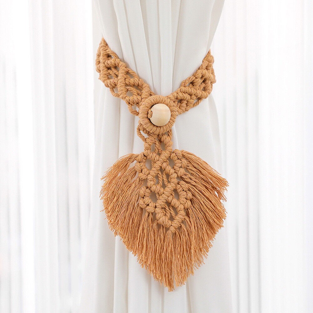 2Pcs Macrame Hand Woven Leaf Tassel Curtain Tie Backs Rope Holdbacks Boho Decor