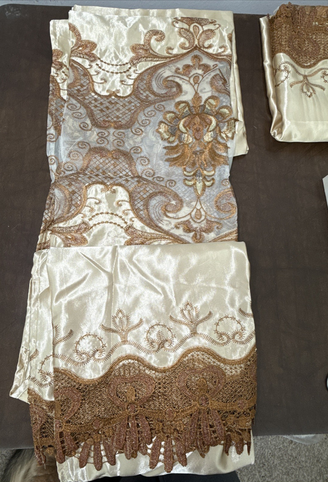 Drapes 2 Panels Beige w/ Attached Valance, Shimmer Satin, Sheer Lace 54 X 87”
