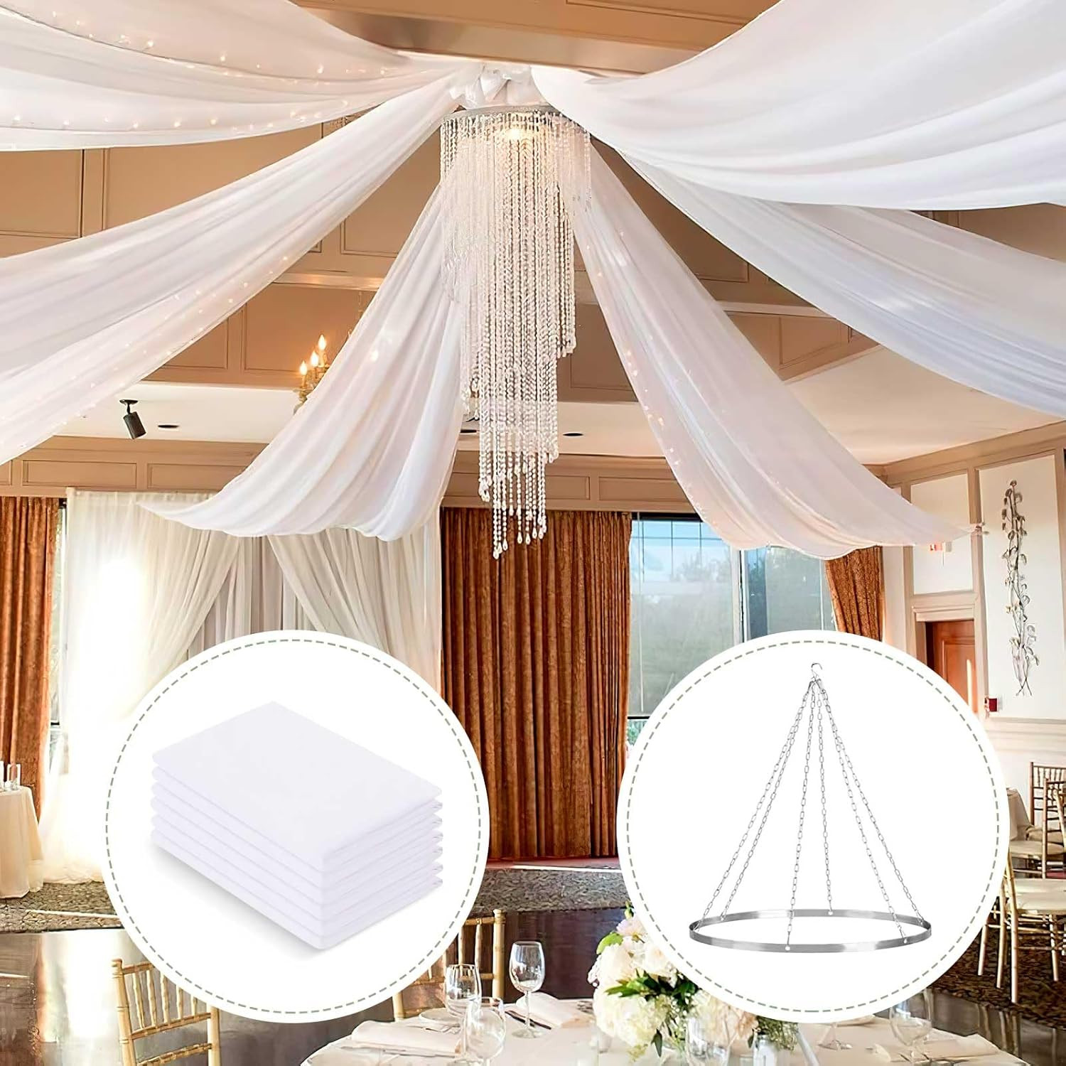 Elegant White Chiffon Ceiling Drapes Kit – 6 Panels for Weddings & Events