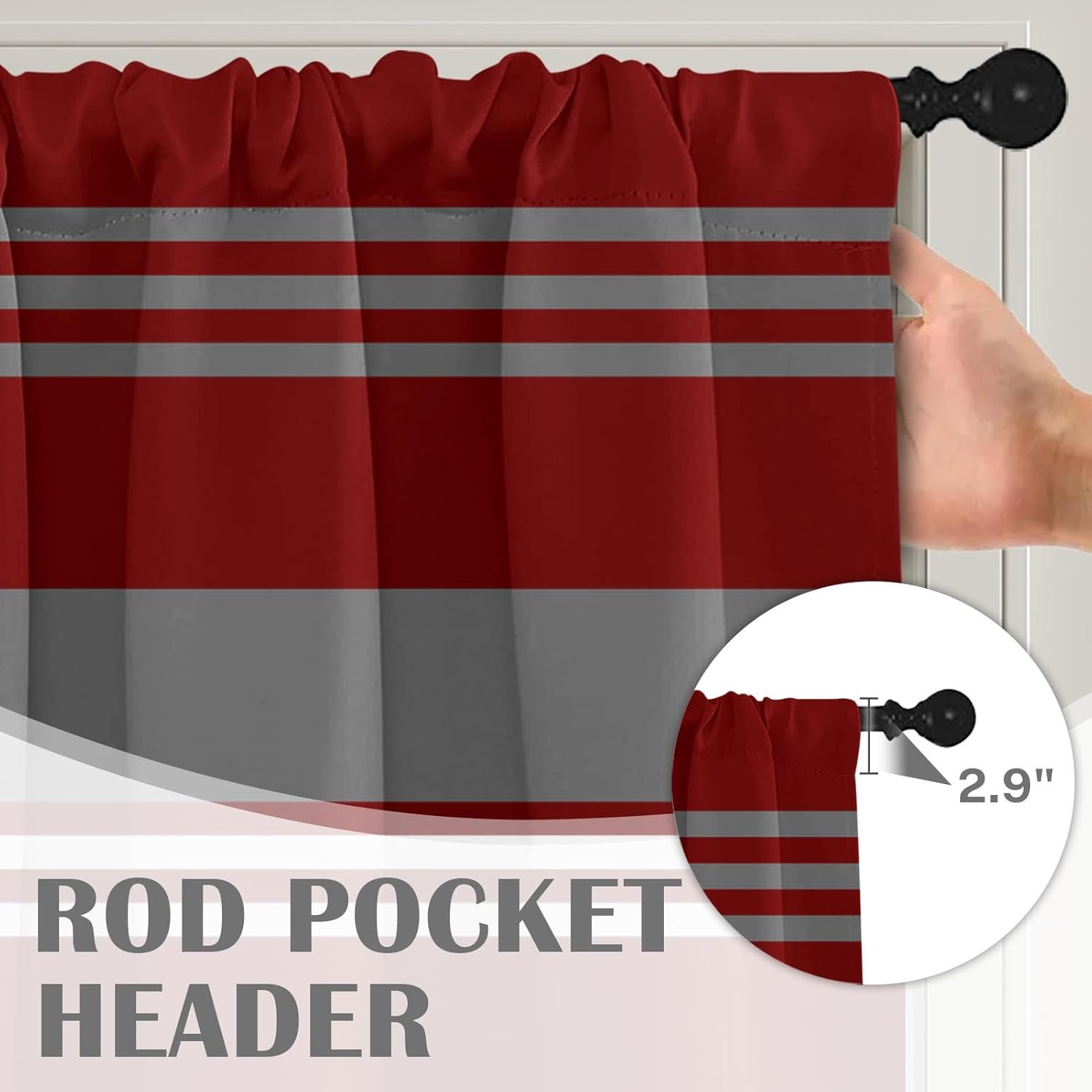 4 Pack Valances Window Treatments, Striped Burgundy Grey Geometric Minimalist Dr