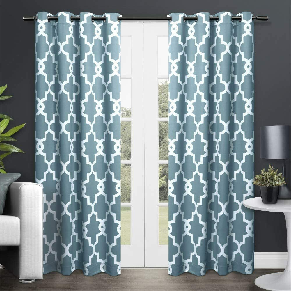 Set 2 Blue Geo Trellis Curtains Panels Drapes 63 84 96 108 inch L Darken Grommet