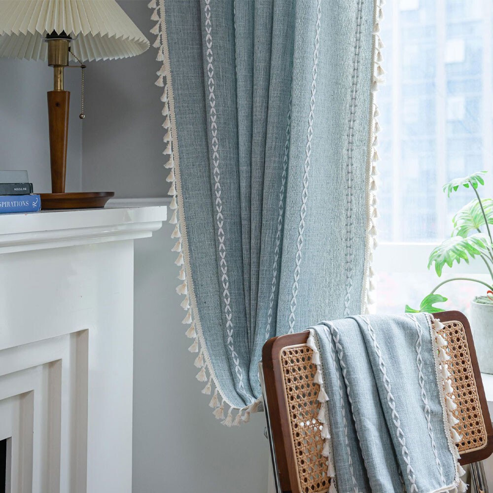 Rustic Striped Embroidered Curtain Window Drapes Panel Farmhouse Boho Home Decor