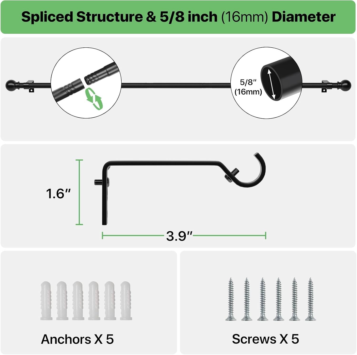 Complete Installation 2 Pack Black Wall Mounted Curtain Rods 28-48
