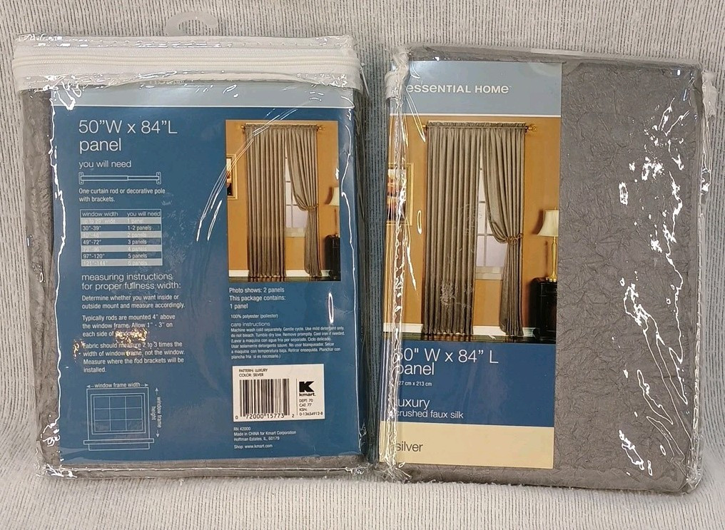 2 Essential Home 50 x 84 Crushed Faux Silk Lined Rod Pocket Window Panel Silver