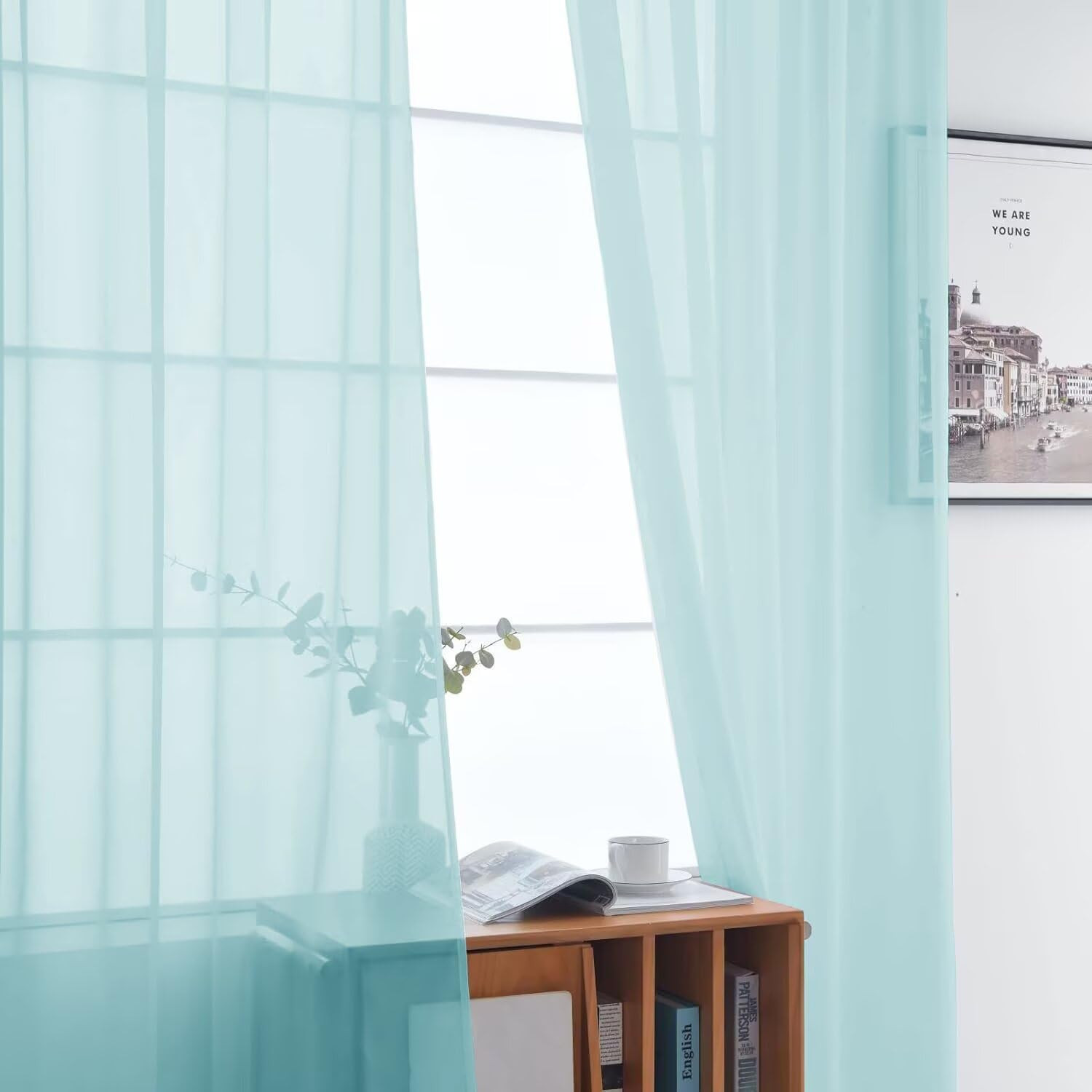 Basic Rod Pocket Sheer Voile Window Curtain Panels Sky Blue 1 Pair 2 Panels 52 W