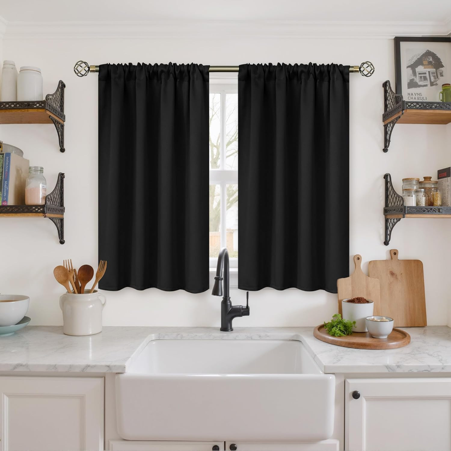 Black Blackout Curtains 40 Inches Long for Kitchen Window 2 Panels | Short Therm