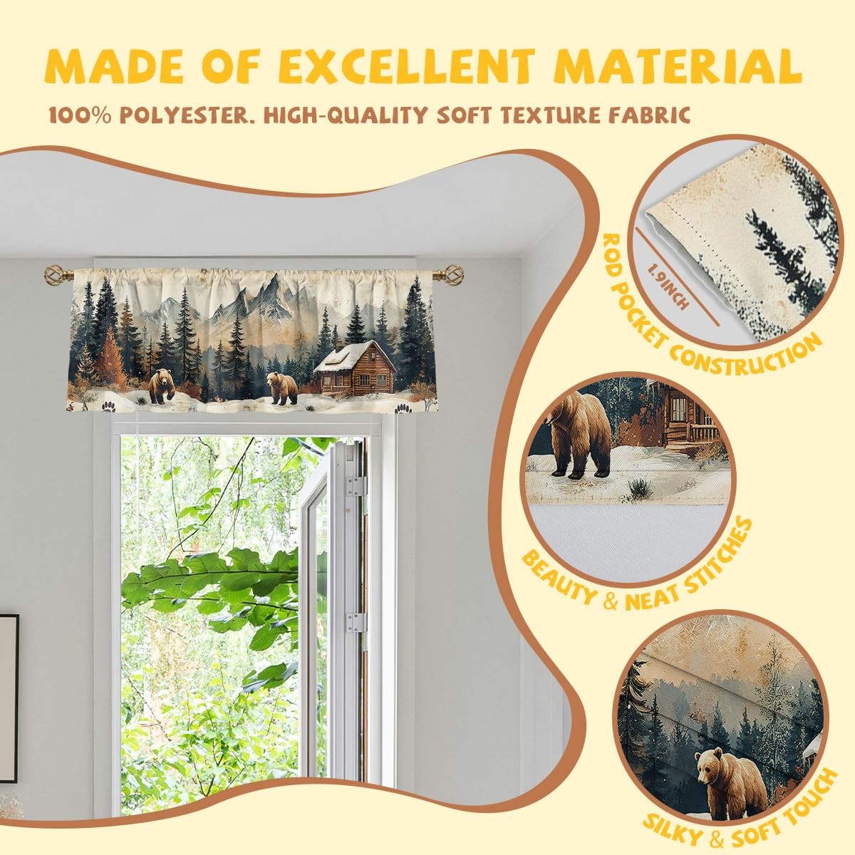 Bear Curtain Valance for Windows 2 Pack Vintage Mountain Tree Country Cottage…