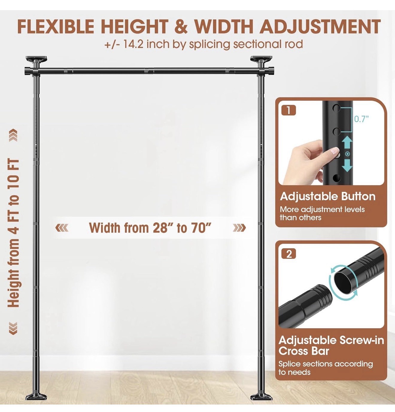 Adjustable Room Divider Curtain Rod Frame 4-10 FT Tall 28-70 In Wide Black