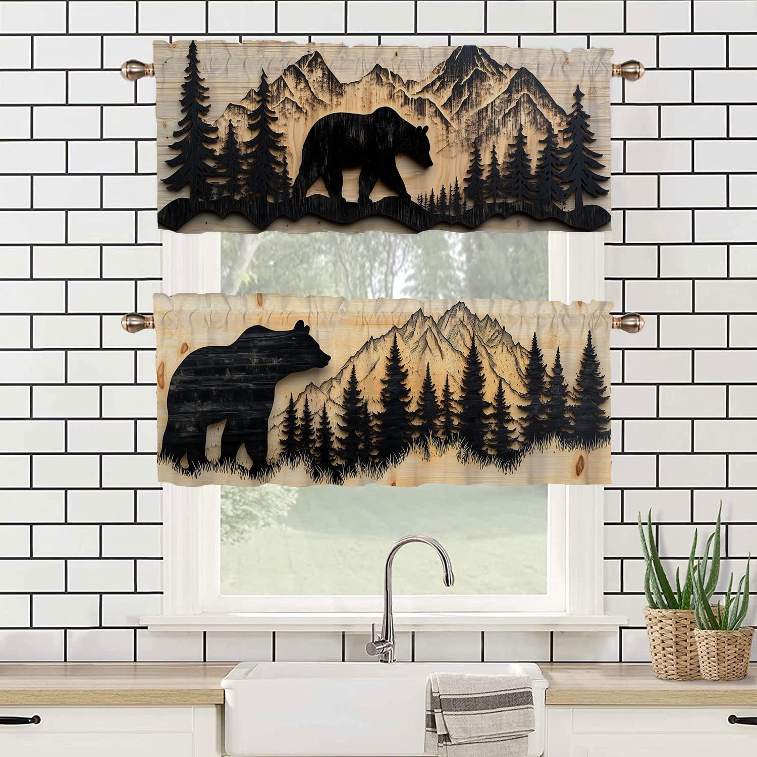 Rustic Lodge Cabin Bear Farmhouse Valance Curtain For Kitchen Windows 2PK 54×18″