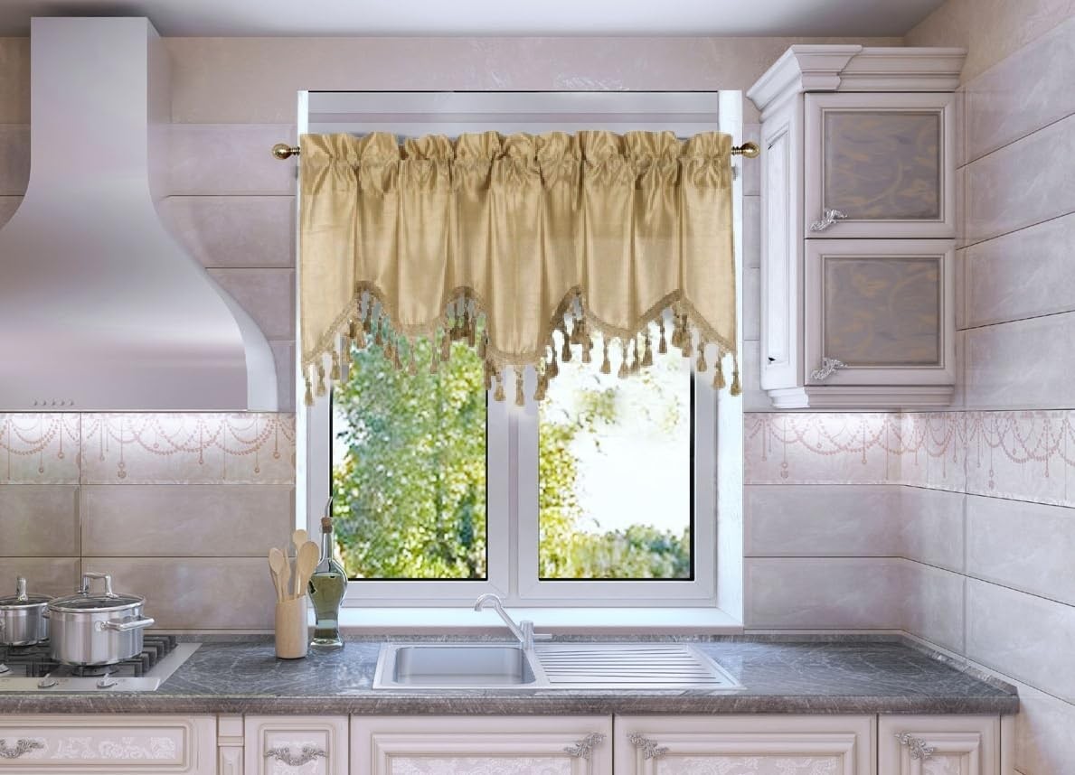 Faux Silk Solid Waterfall Curtain Valance Swag Window Treatment with Tassels