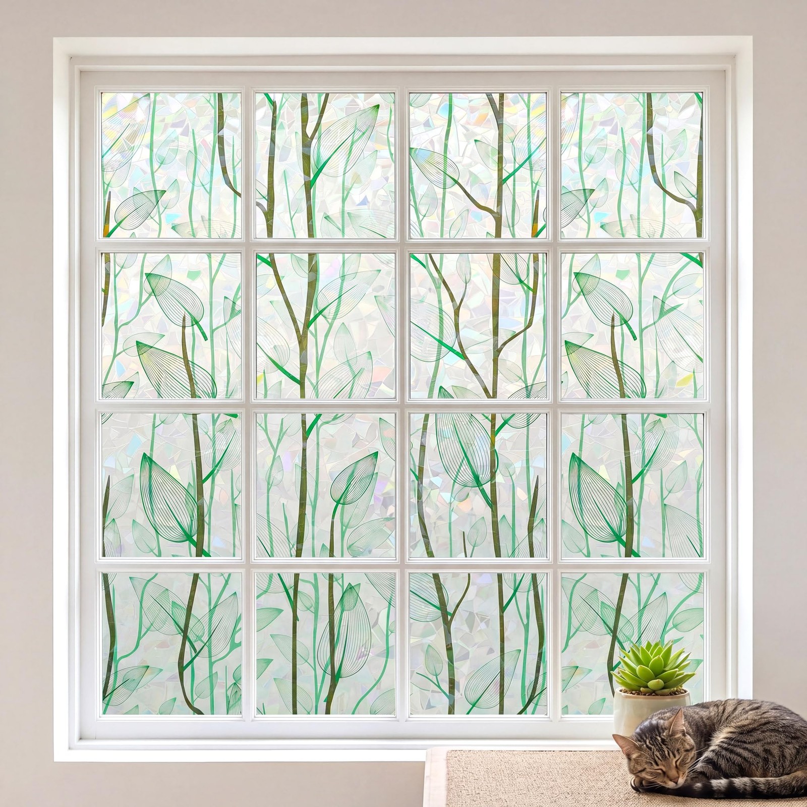 Decorative Privacy Window Film Green Rainbow Leaf Stained Glass Door Clings S…
