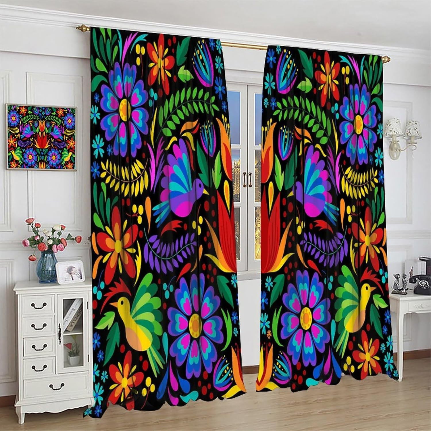 Mexican Blackout Window Curtain Birds Colorful Flowers Mexican Embroidery Style
