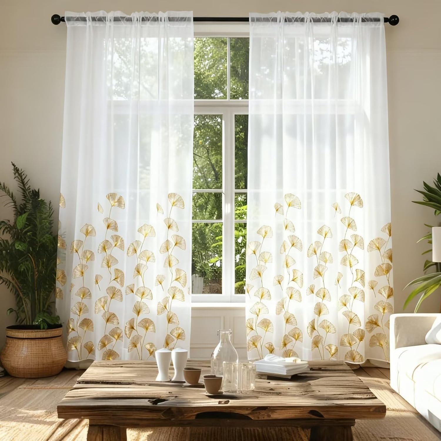 Gold Foil Print Sheer Curtains, 2 Panels Ginkgo Bronzing Treatment Sheer Curtai