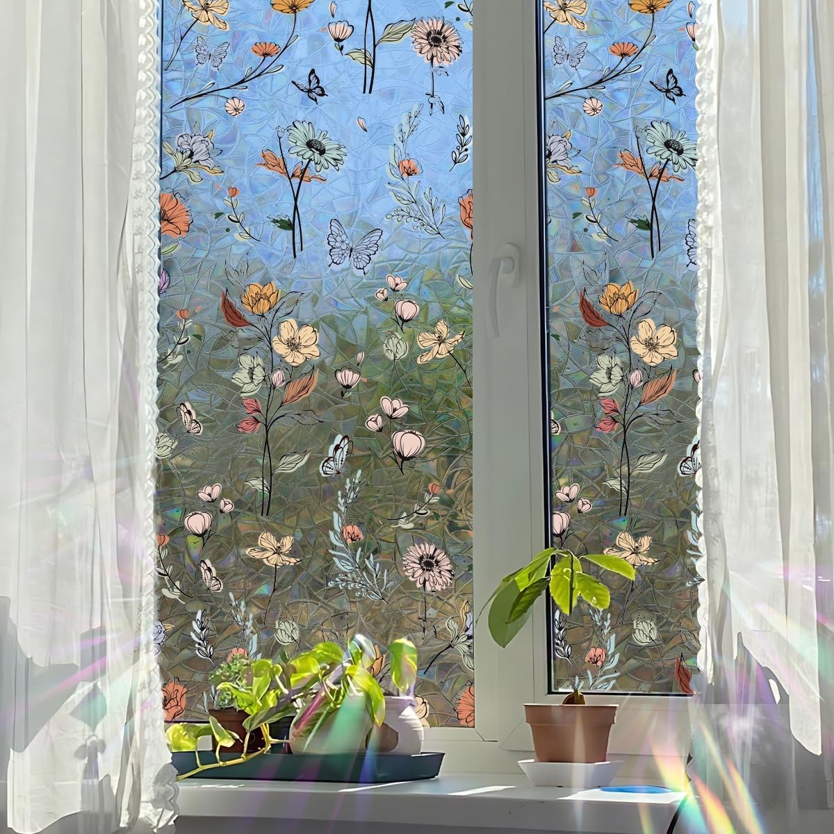 Boho Flower Stained Glass Window Film 3D Rainbow Privacy Cling Decor