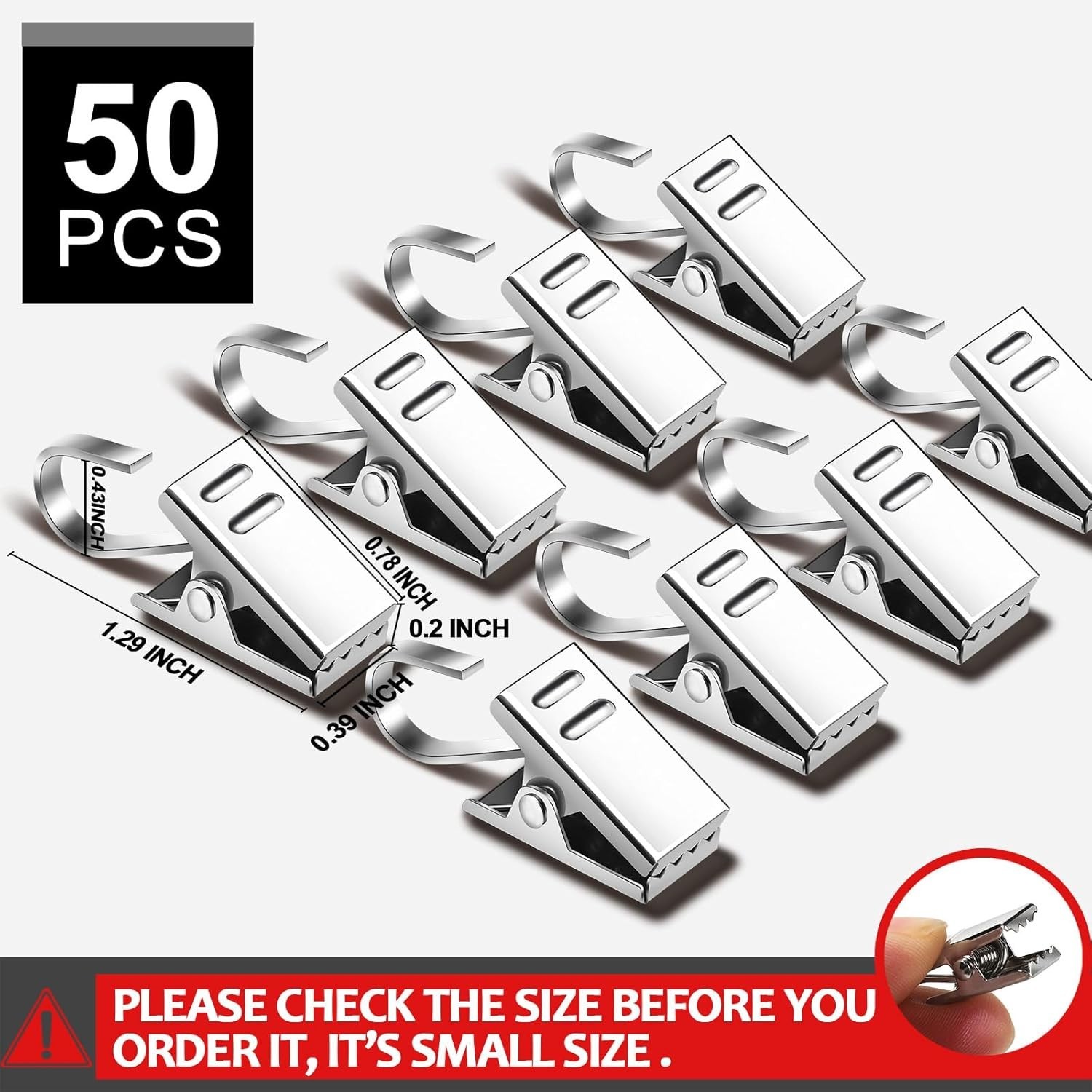 50-Pack Stainless Steel Curtain Clips with Hooks Small S-Hooks Heavy Duty Silver