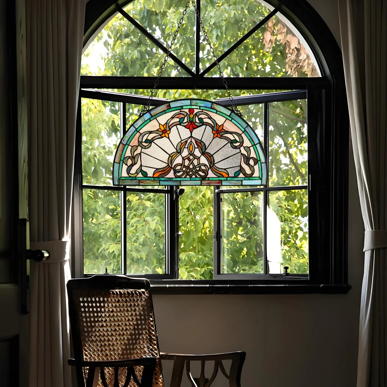 Stained Glass Window Panels Half Moon/Circle Handcrafted Art Glass Matching Pair