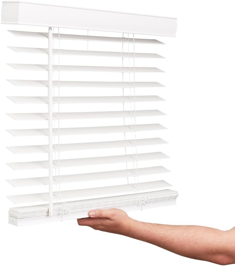 LOTUS & WINDOWARE Cordless 2″ Faux Wood Blind White; Designer Crown Valance