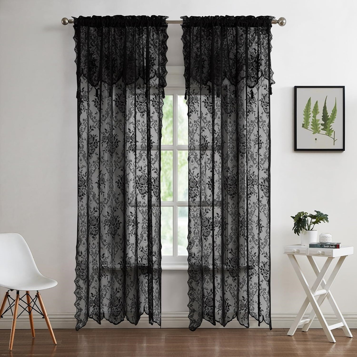 WARM HOME DESIGNS Pair of 2 Sheer Lace Curtains with Attached Valances & Tassels