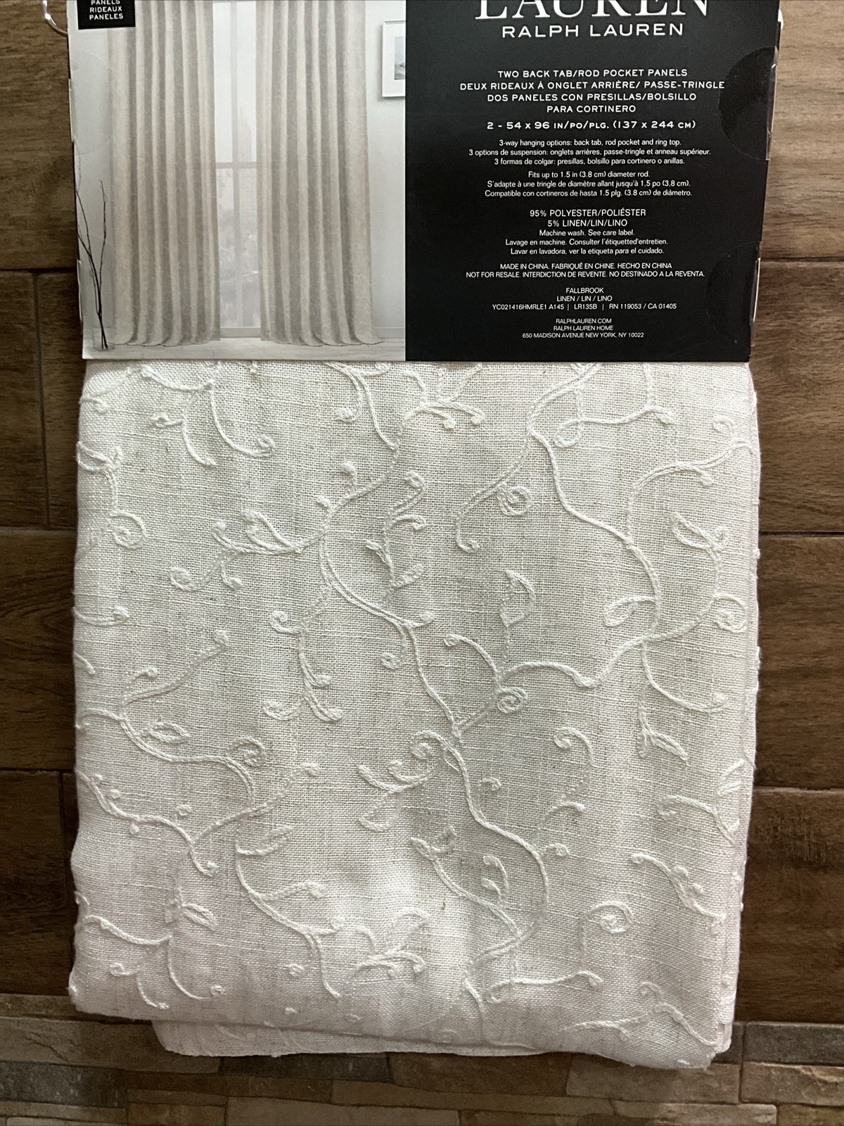 Ralph Lauren FALLBROOK 2 Window Panels Curtains Stitched Scroll Linen 54 x 96”