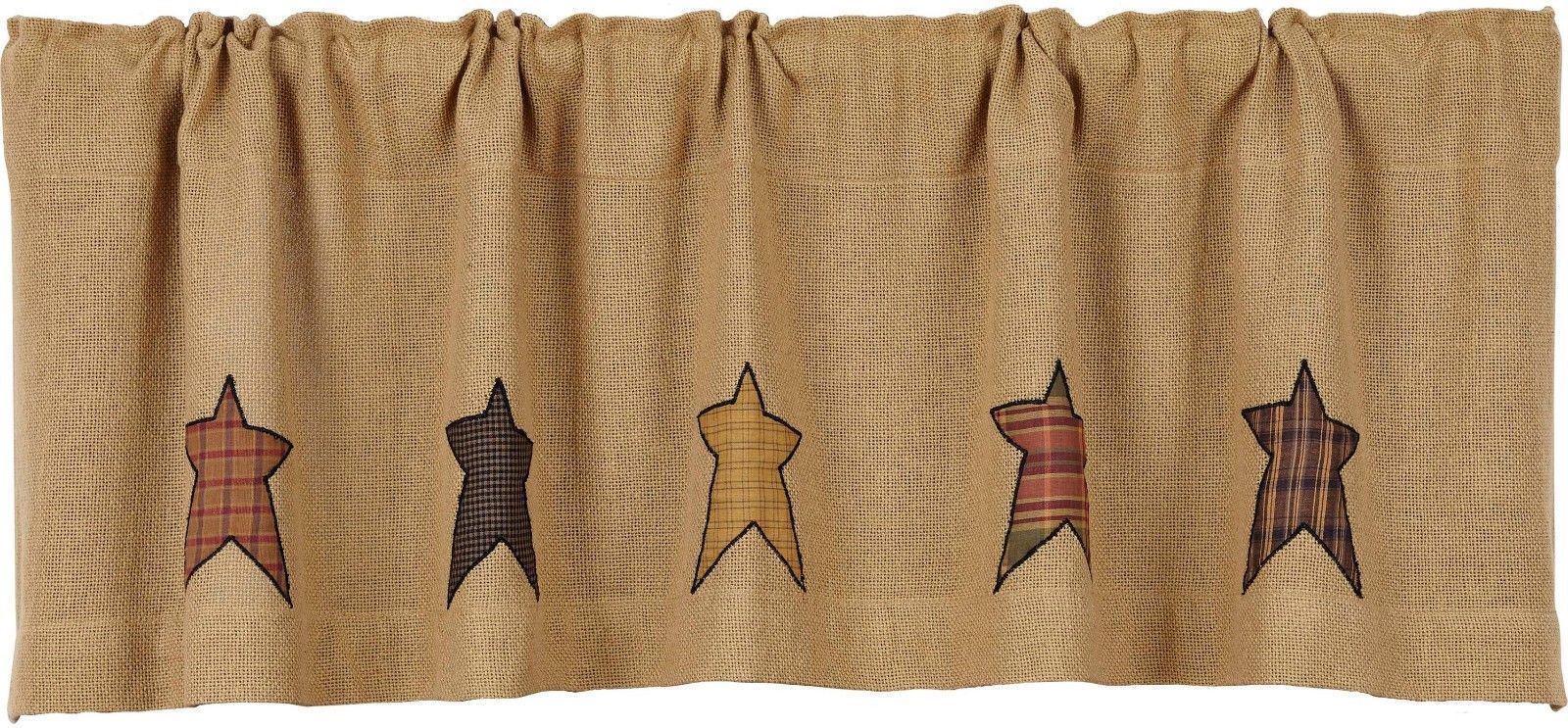 Rustic Burlap Window Valance Country Plaid Star Patches 60″ Wide Stratton