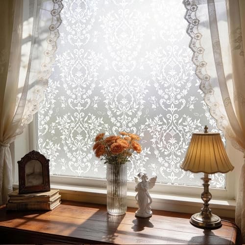 Frosted Damask Window Privacy Film, 78.5″ L x 17.5″ W, Decorative Non-Adhesive
