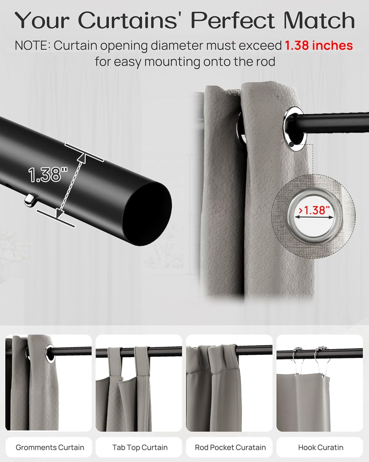 Adjustable Tension Curtain Rods 42 to 123 Inches No Drilling Heavy Duty Blackout