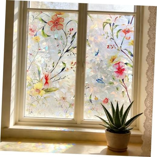 Vintage Floral 3D Rainbow Window Film, Static Cling Stained 78.74″ x 23.62″