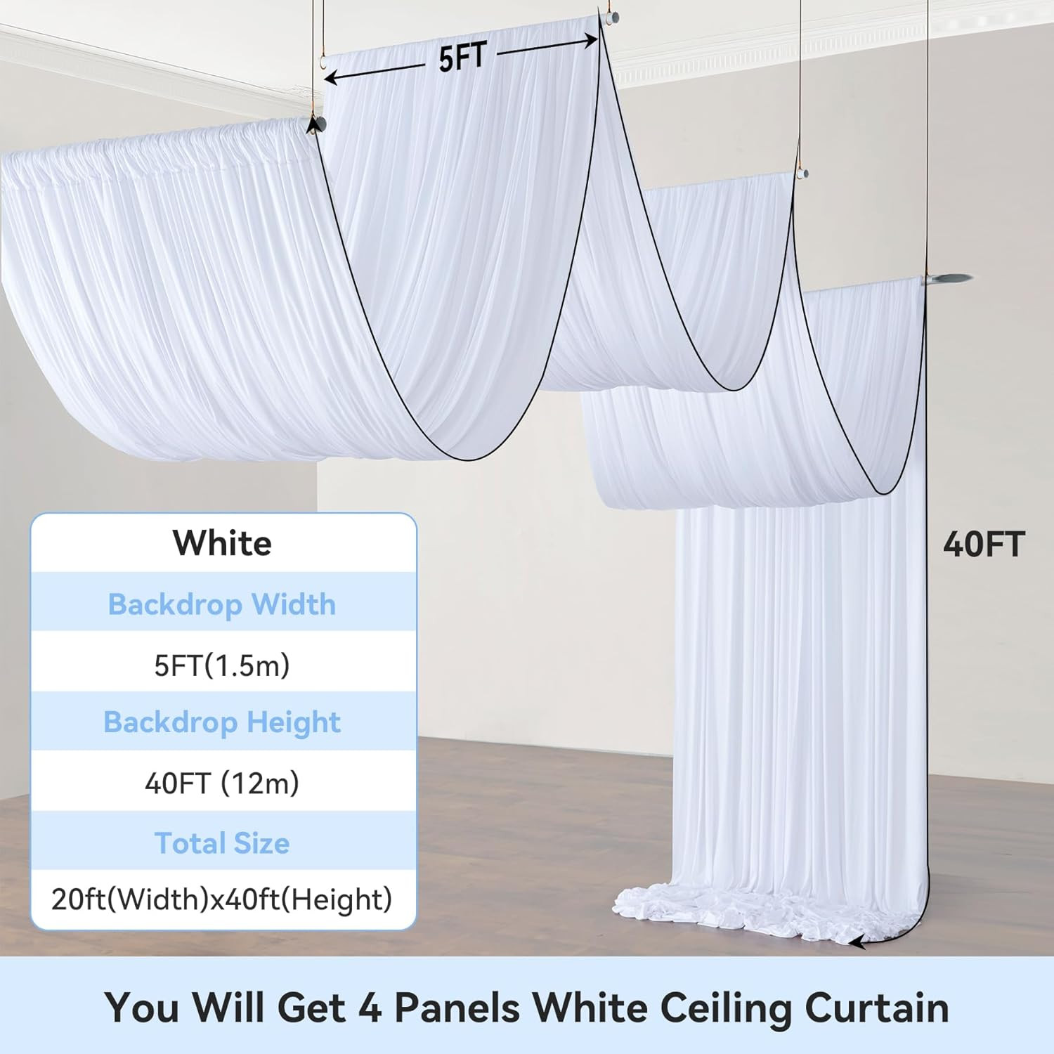 20Ft x 40Ft White Ceiling Drapes – 4 Panels for Weddings & Parties