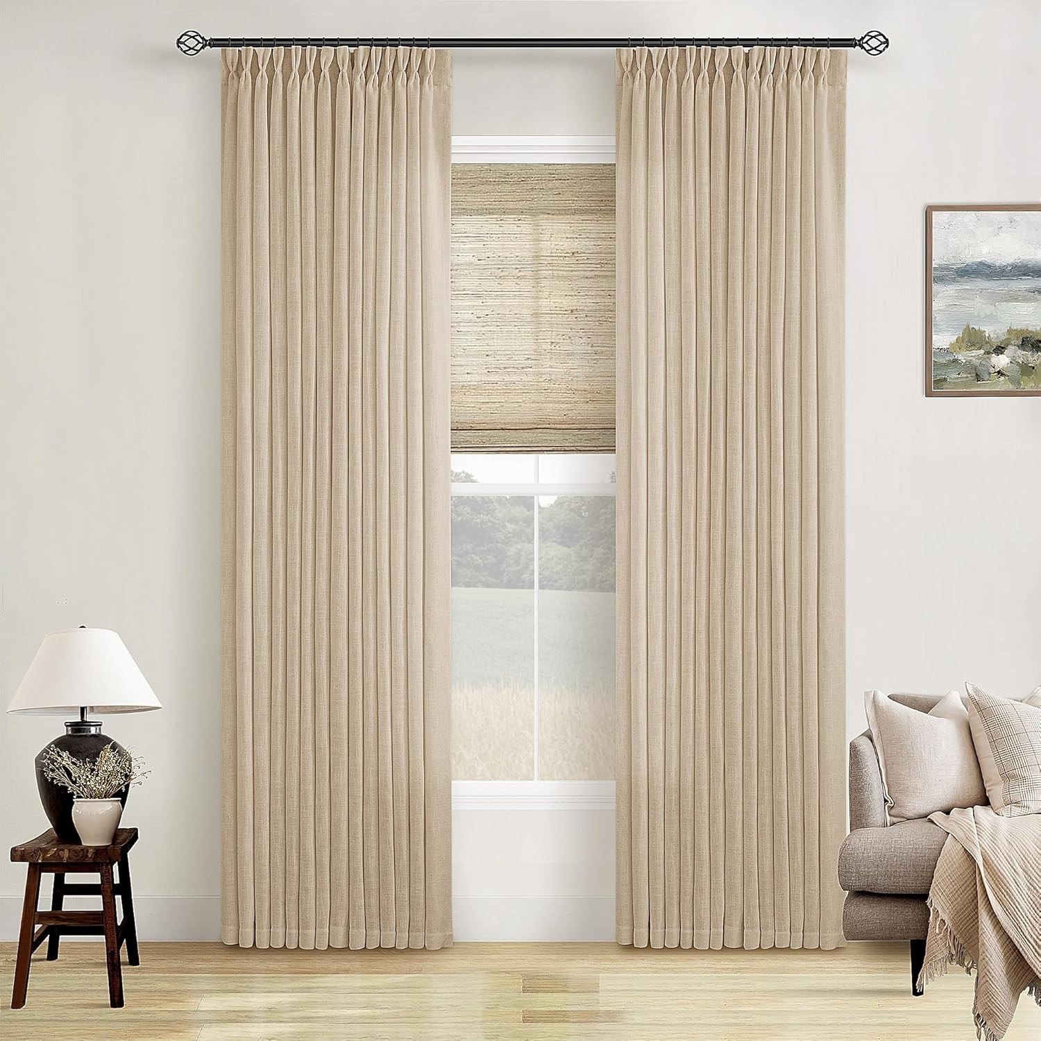 Pinch Pleated Linen Curtains 96 Inch Light Filtering Drapes 2 Panels Neutral