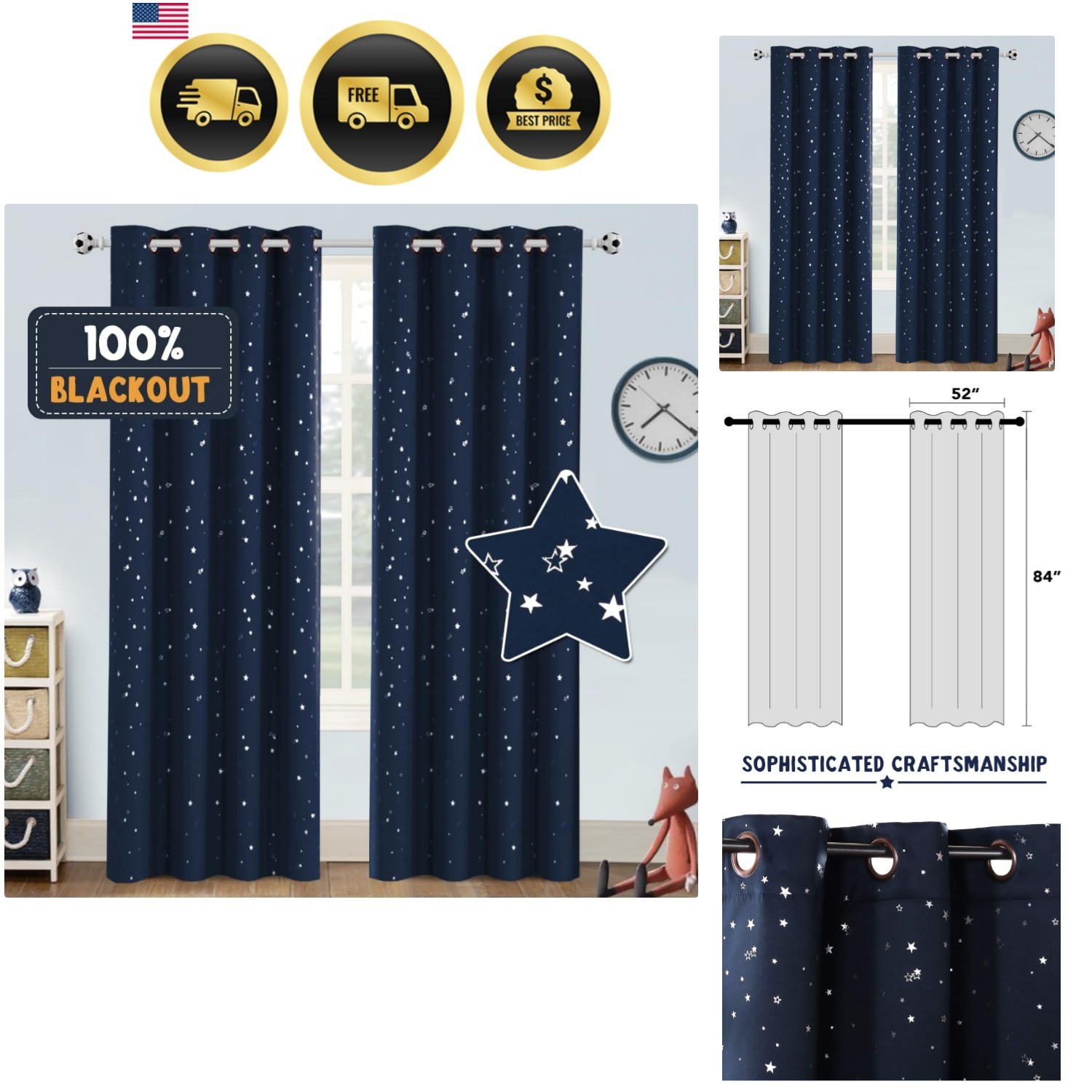 Blackout Kids Curtains for Bedroom Thermal Insulated Silver Twinkle Star Curt…