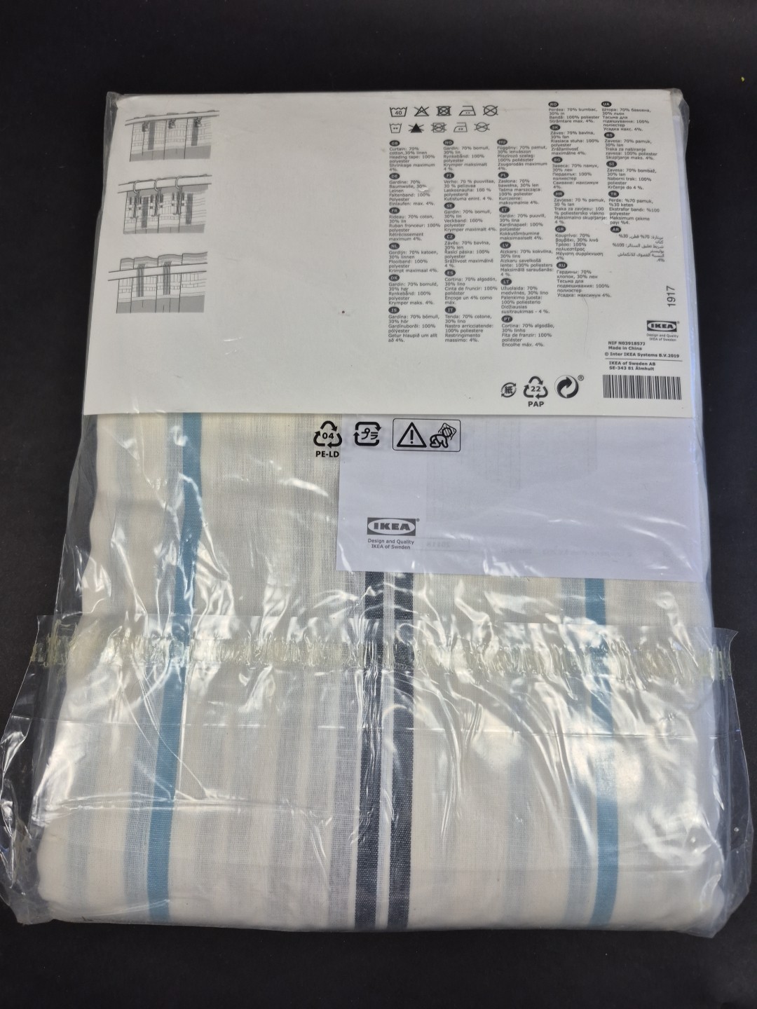 NEW Pair Of IKEA Adelspinnare Curtains White Blue Stripe Panel Drop 57” x 98”
