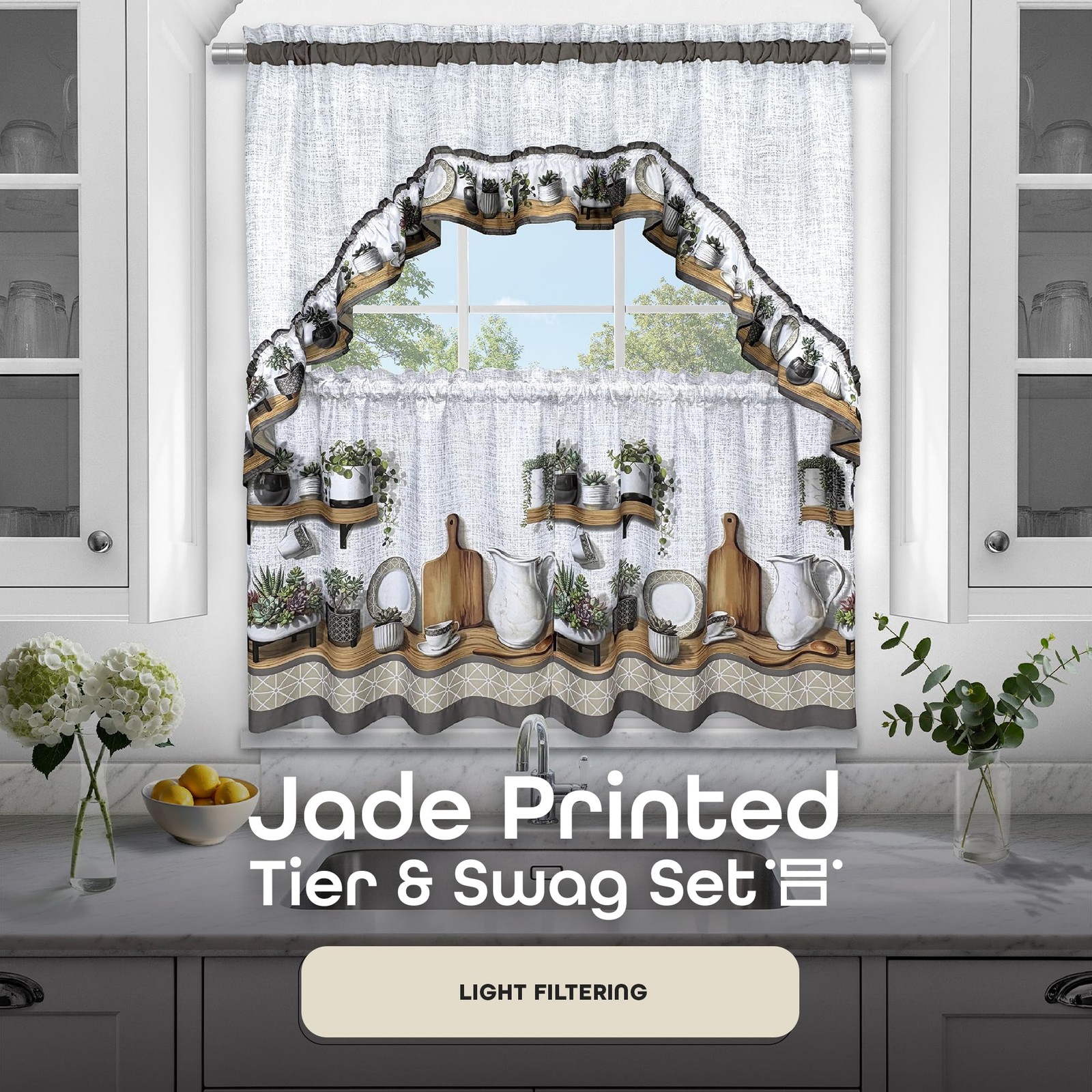 Printed Tier & Swag Window Curtain Set – 57 Inch Width, 36 Inch Length – Char…