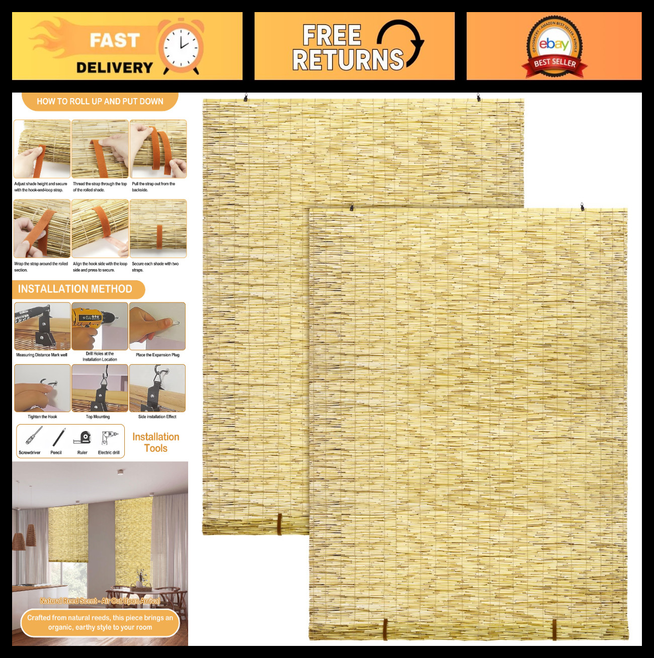2 Pcs Bamboo Roll Up Blinds 48″ W x 72″ H Outdoor Cordless Shades for Privacy &