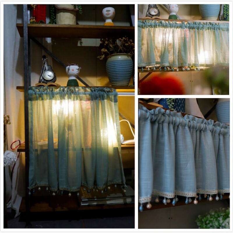 Blue Half Coffee Curtains Beads Tassel Window Curtain for Kitchen Cabinet