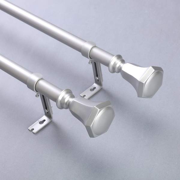 SILVER 42-126″ long Adjustable Metal Curtain Rod Set Teardrop Finials Light Gray