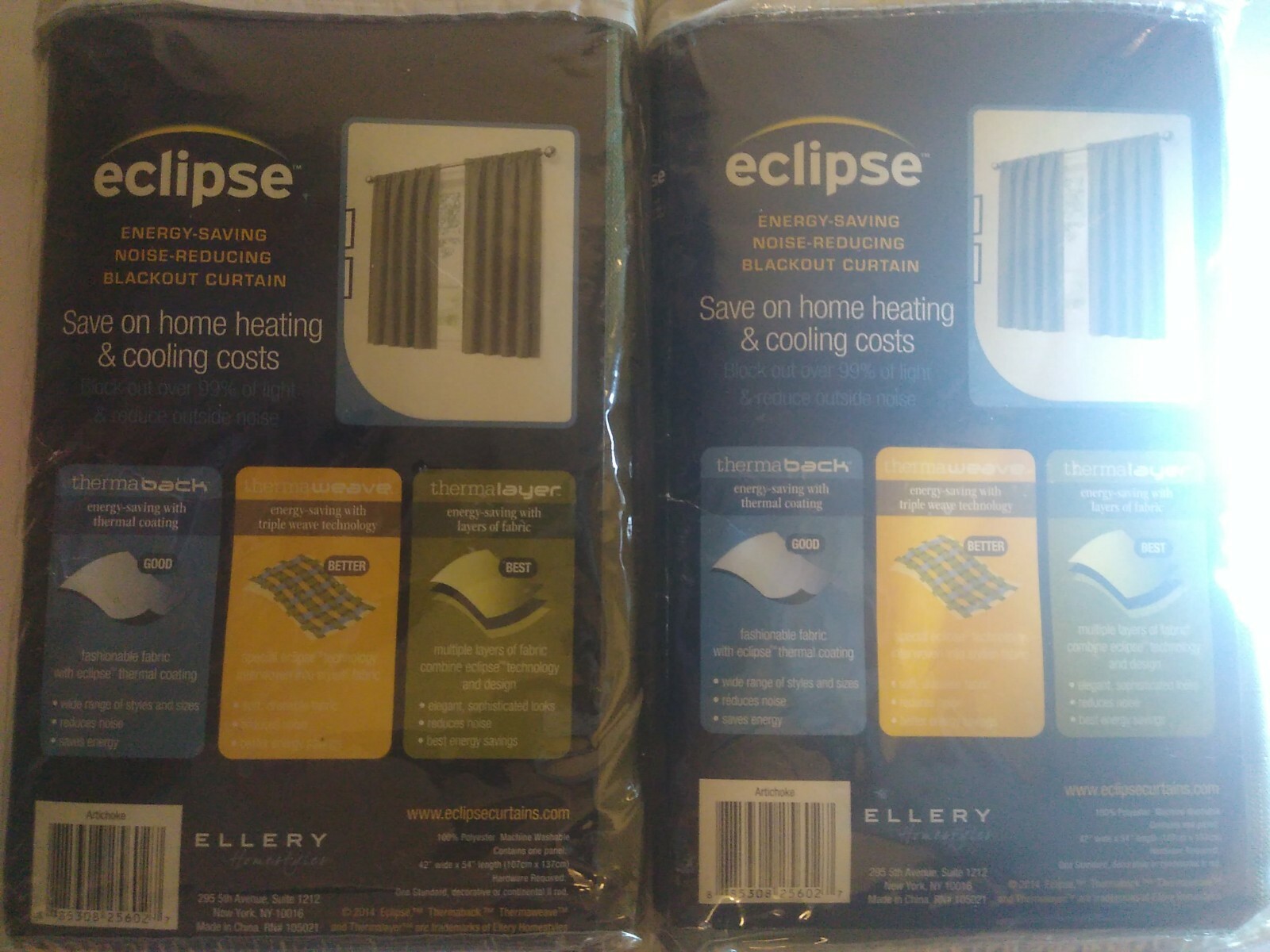 Esclipse therma back bedroom curtain blackout set 42in W x 54in L each artichoke
