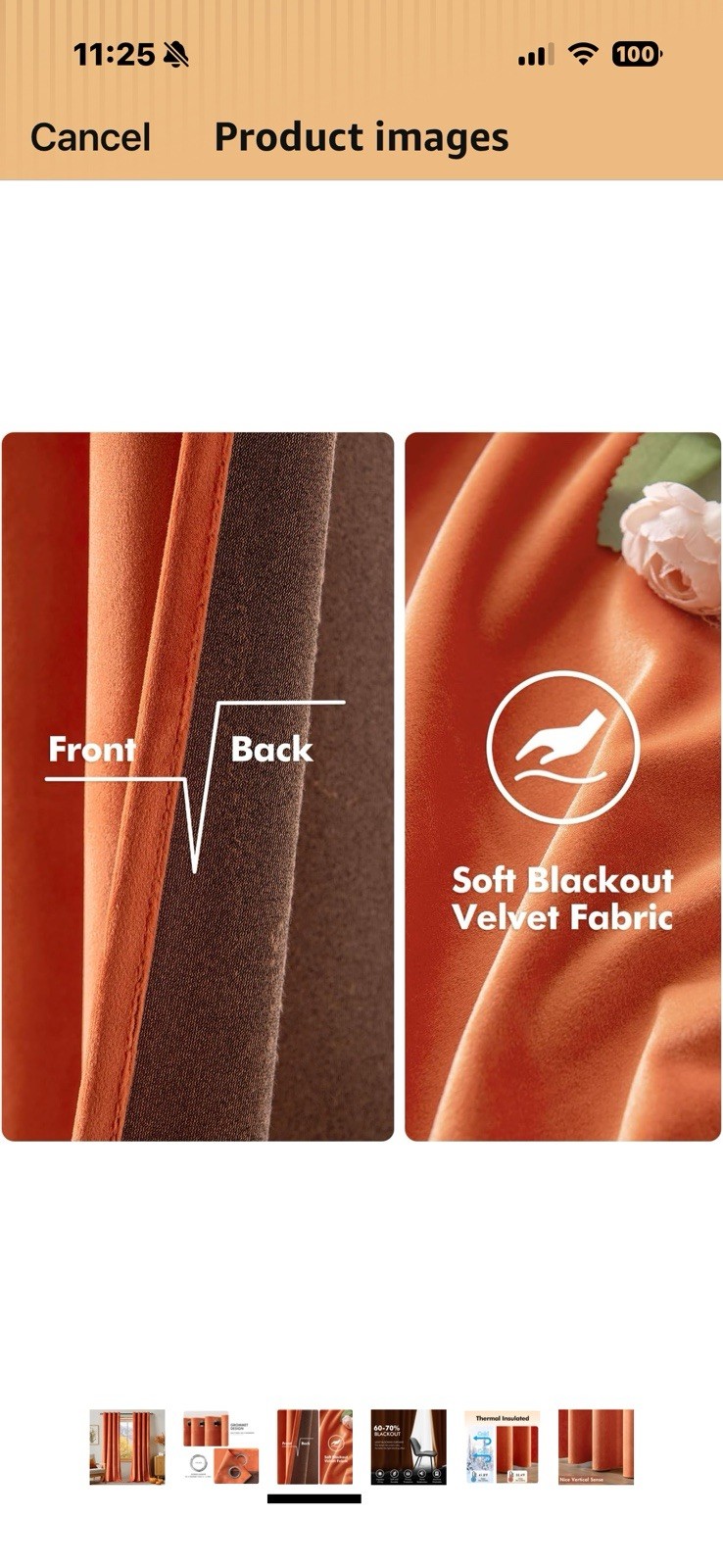 Burnt Orange Velvet Blackout Grommet Curtain 4 Panels 52 x 96”in Thermal Lined