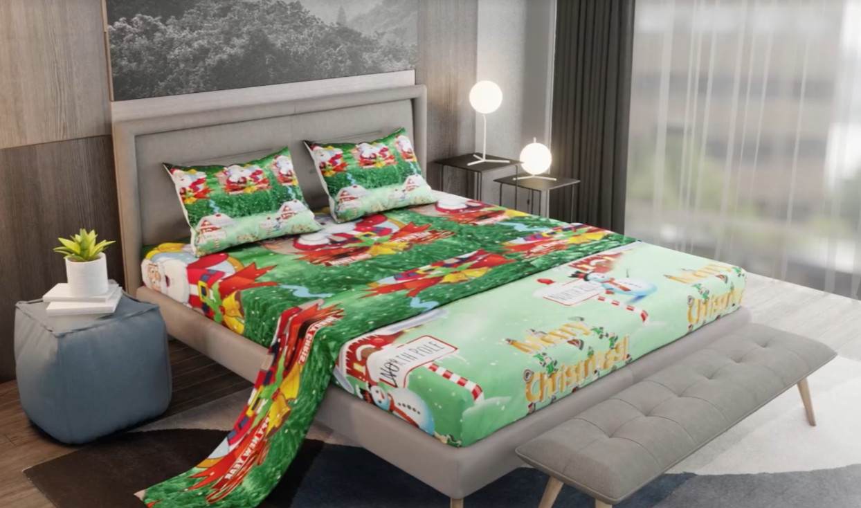 MERRY CHRISTMAS HAPPY NEW YEAR SANTA NORTH POLE 4 PC QUEEN SIZE BED SHEET SET