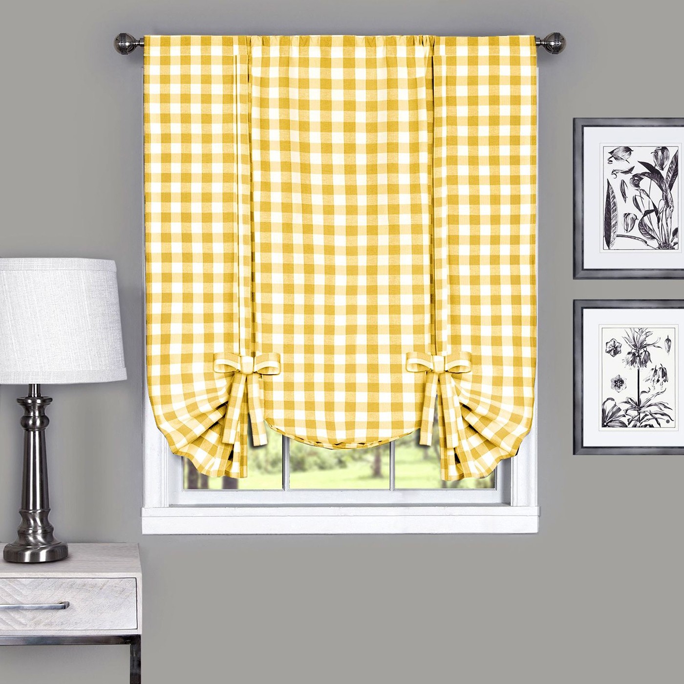 Yellow Checkered Plaid Gingham Kitchen Window Curtain Drapes Panel Valance Shade