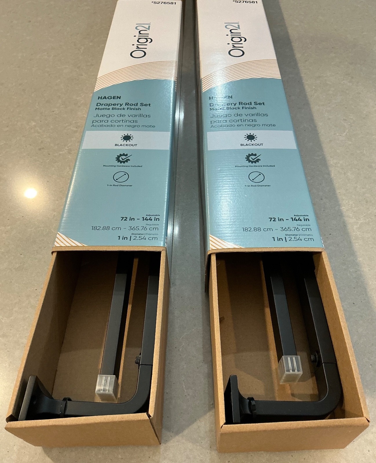 NEW! SEALED ORIGIN 21 HAGEN METAL DRAPERY ROD 2 SETS 72”-144” MATTE BLACK FINISH