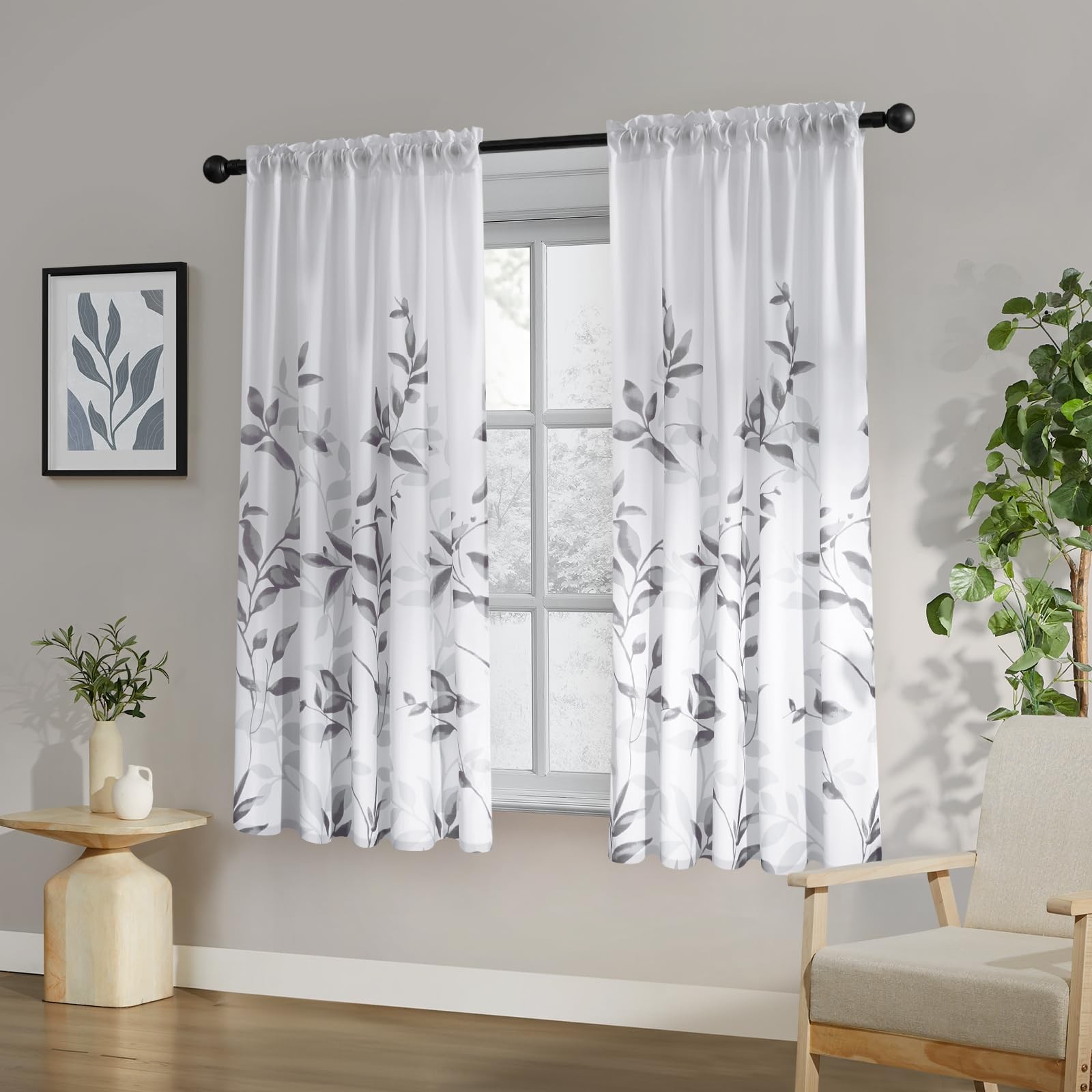 Non-See-Through Light Grey and White Privacy Sheer Curtains 52 X 63 Inch Leng…