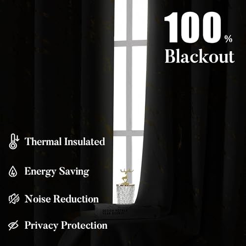100% Blackout Patterned Curtains 96 52″W x 96″L (Pack of 2) Navy Blue and Gold