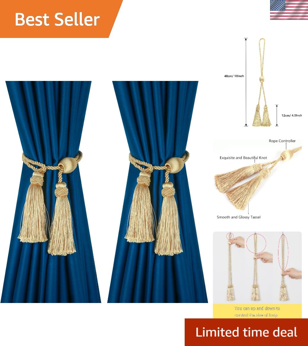 Modern Gold Tassel Curtain Tiebacks – Elegant Window Drapery Holdbacks, 2 Pack