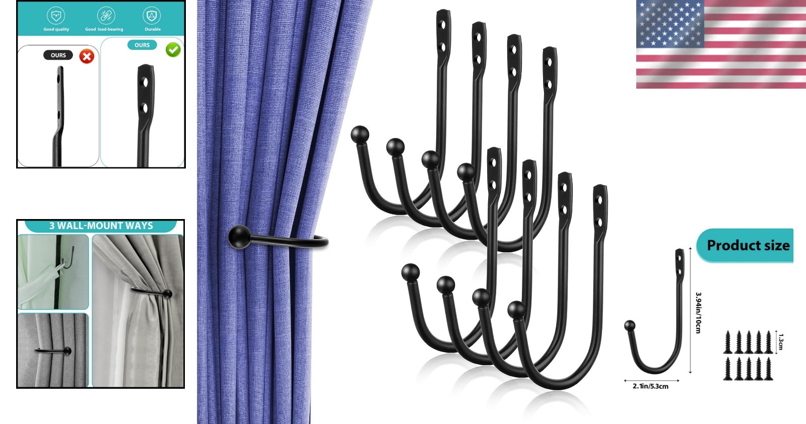 Curtain Tie Backs Wall Hooks Black Metal U-Shaped Curtain Holdbacks 8pcs