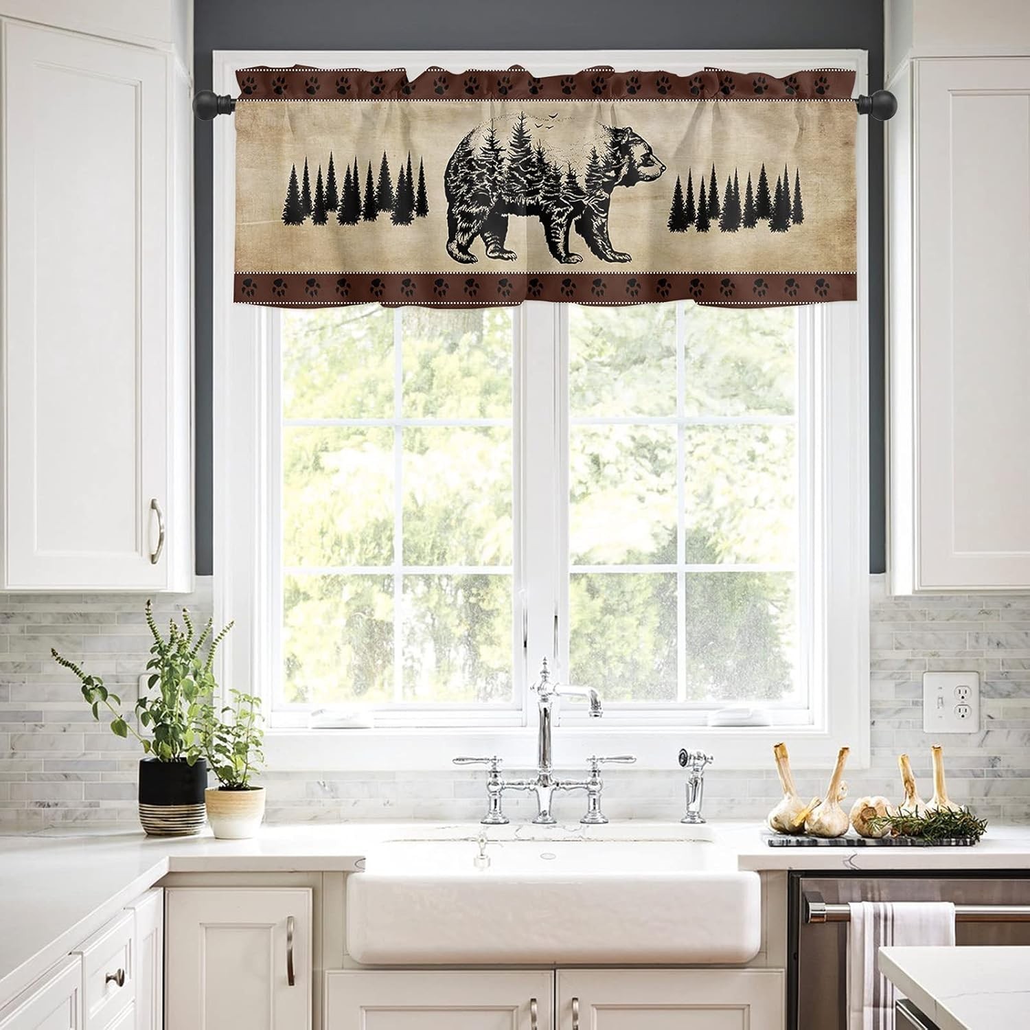Cabin Curtain Valance for Windows Rustic Black Bear Pine Tree Silhouette 4 pack.