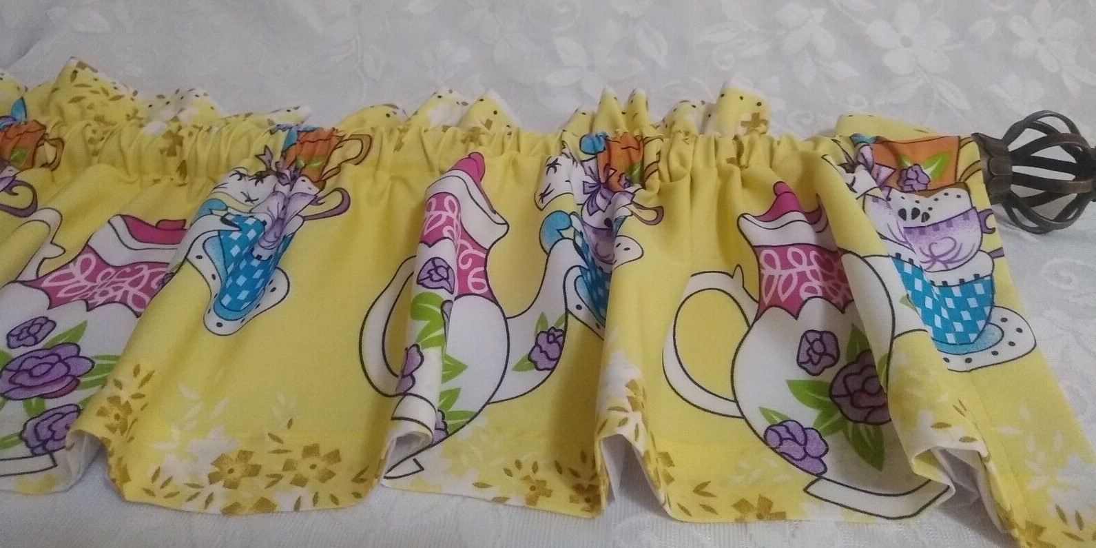 Teapot Kitchen Valance 12″ & 14″ Teacup Prints Teatime Lined Kitchen Valance
